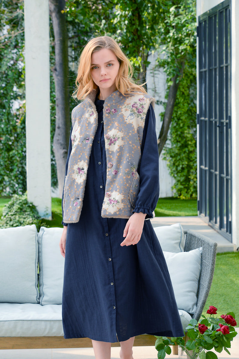 綾ネル花柄プリント＆ボア ベスト – IKUKO ONLINE SHOP