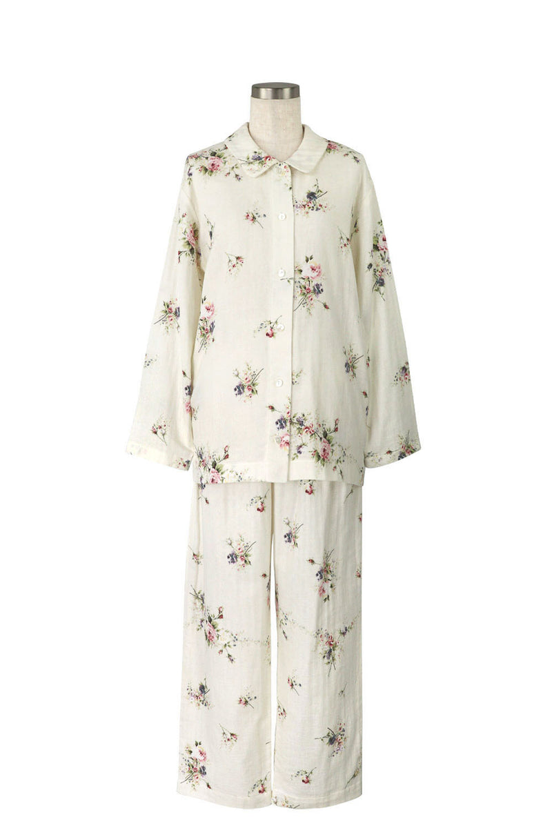 ダブルガーゼ 花柄プリント　襟付き長袖パジャマ
